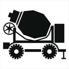 Simple black and white icon of a concrete mixer truck vector silhouette/A graphic, black-and-white icon of a concrete mixer truck.