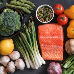 Fresh salmon fillet asparagus broccoli tomato bell pepper garlic lemon and spices on dark table