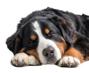 A tranquil Bernese Mountain Dog, asleep and comfortable, showing its unique tri-color pattern.