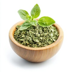 Dried oregano in wooden bowl isolated on white background