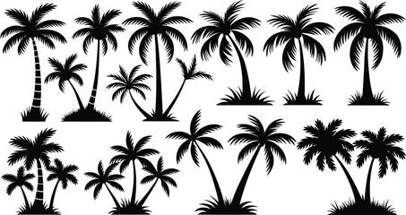 Obraz premium palm trees silhouette set, tropical coconut, isolated on white background