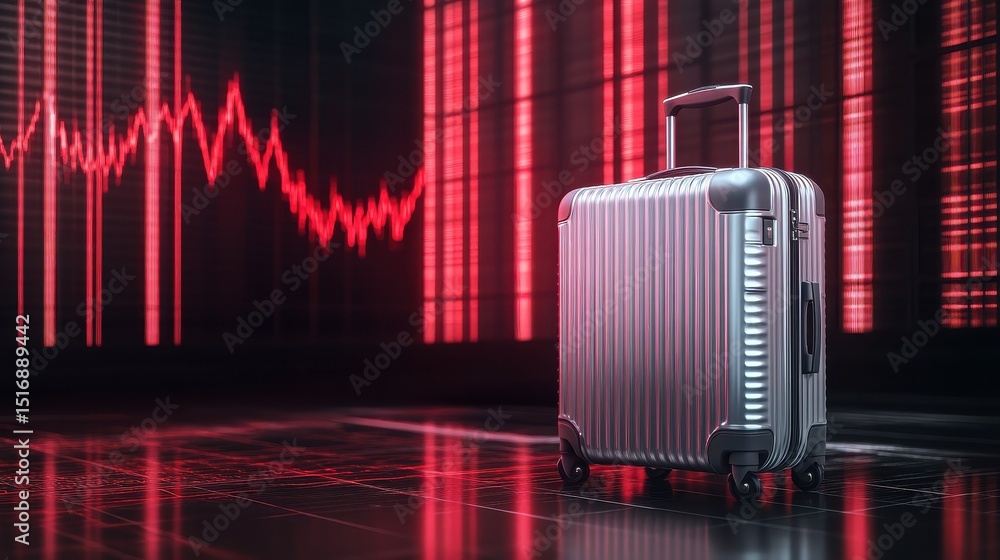 Poster a sleek silver suitcase stands against a digital backdrop with a fluctuating red line graph, symboli