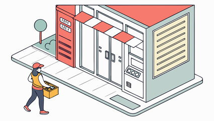 Delivery person carrying a box approaches a shop with a striped awning and a display on the side