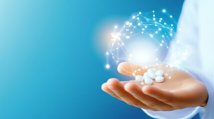 A hand holds small white tablets, surrounded by glowing particles, symbolizing health, wellness, and pharmaceutical innovation