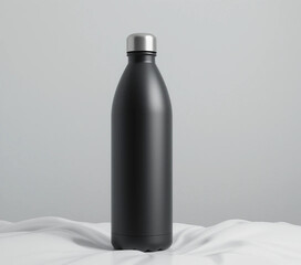 Black stainless steel water bottle on white fabric