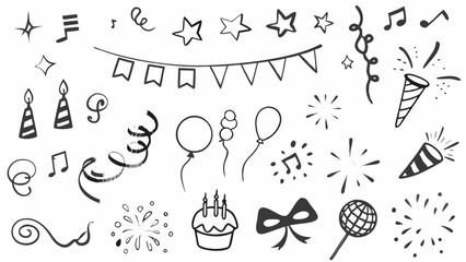 Doodle style party elements including stars, cake, balloons, and musical notes in black and white