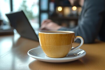 Fototapeta premium Coffee cup on a wooden table with a person concentrating on their laptop in a cozy cafe setting during the day