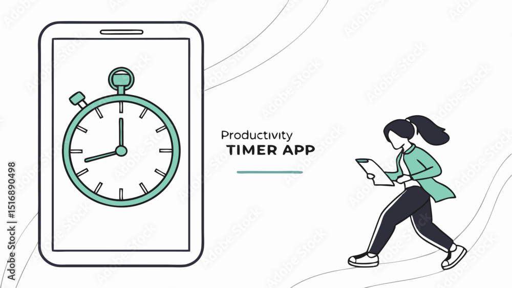 Poster illustration of a smartphone displaying a timer app next to a woman walking with a tablet in hand
