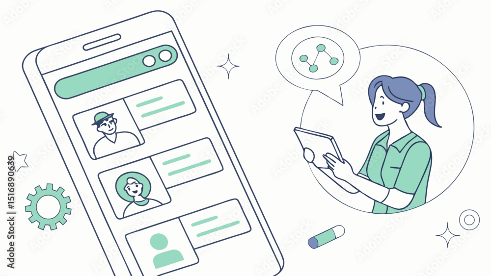 Poster woman using tablet with mobile phone showing contact list and network in a speech bubble design conc