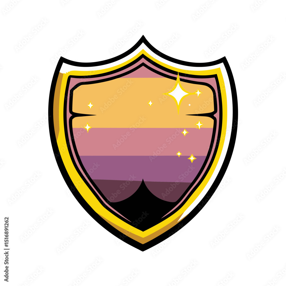 Poster shield badge with gradient colors and sparkles in pop art style, transparent background