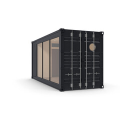 Black shipping container with glass sliding doors isolated on transparent background