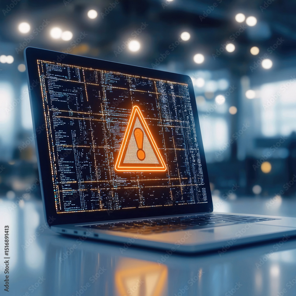 Aufkleber laptop warning alert error code orange digital technology security modern workspace. laptop displays