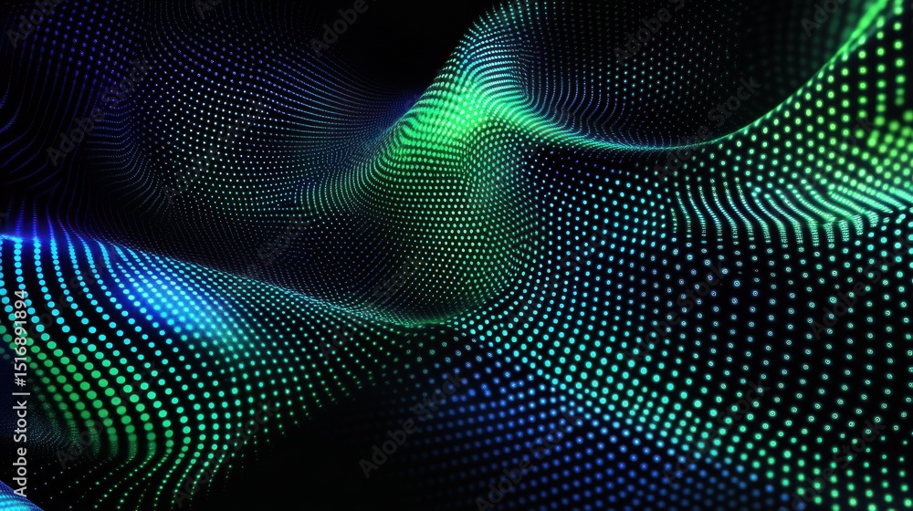 Poster abstract background with glowing green and blue dots connected with line on black background