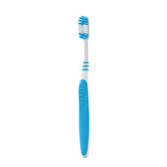 Ultra realistic UHD photo of a manual toothbrush with a built-in tongue cleaner, 3/4 view, on a plain transparent background with no shadows, commercial dentistry product concept