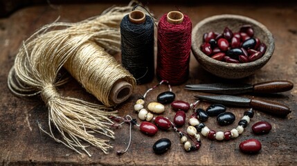 Rustic bead crafting supplies with string spools and needles for handmade jewelry design