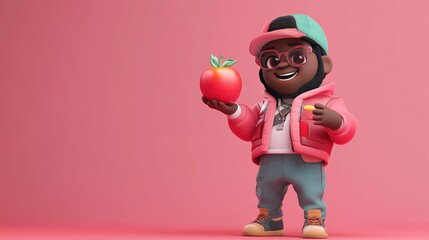 Rendered image of a cartoon African hip hop rapper character in 3d holding an apple illustration , no logos, no brands