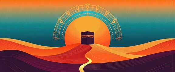 Eid Al Adha Illustration: Mosque in Desert Sunset with Hills and Road. A stylized illustration of the Kaaba in Mecca, S Arabia.