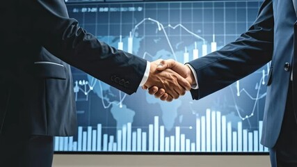 Two unrecognizable business people shaking hands in front of an illuminated financial data display with world map and charts. - Powered by Adobe