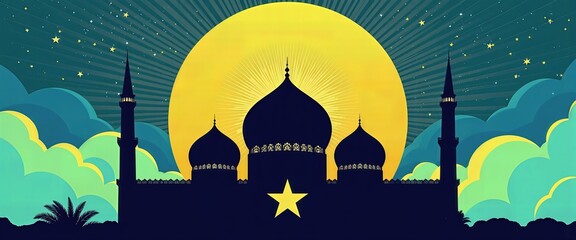 Eid al Adha Reflections: Mosque Illuminated by a Yellow Moon Against a Starry Night Sky. A silhouette of a mosque against a bright yellow moon.
