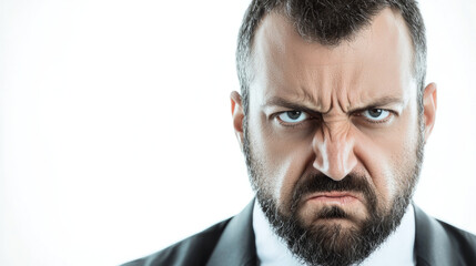 Obraz premium Angry businessman frowning with intense expression, closeup portrait, suit, beard, isolated background