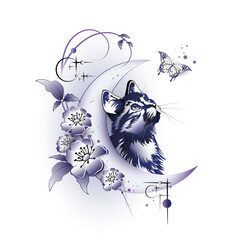 Flowers, moon, stars and a cat looking at a butterfly flying in space. Graphic design for children's room decor, notebook cover, mobile phone case, tattoo, cup or T-shirt printing in blue purple tones
