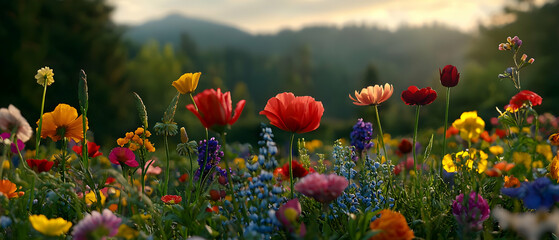 Fototapeta premium Vibrant Colorful Flower Field at Sunrise