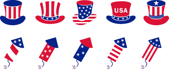 Fireworks Fourth of July.Set of fireworks and firecracker with a red and blue stars and sparks . United states of america independence day fireworks. Red, blue fireworks for 4th of July .Uncle Sam Hat