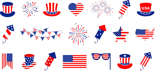 4th july Independence Day  icons collection .Red, blue fireworks for 4th of July .Fourth of July elements .United States of America celebration bundle set. USA flag,fireworks,Uncle Sam hat,popper.