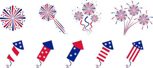 4th july Independence Day  icons collection .Red, blue fireworks for 4th of July .Fourth of July elements .United States of America celebration bundle set. USA flag,fireworks ,popper.