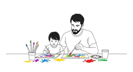 Father and son painting together, joyful atmosphere, creative activity, white background