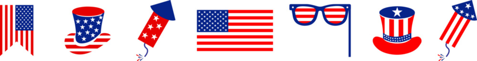 Naklejka premium 4th july Independence Day icons collection .Red, blue fireworks for 4th of July .Fourth of July elements .United States of America celebration bundle set. USA flag,fireworks,Uncle Sam hat,popper.