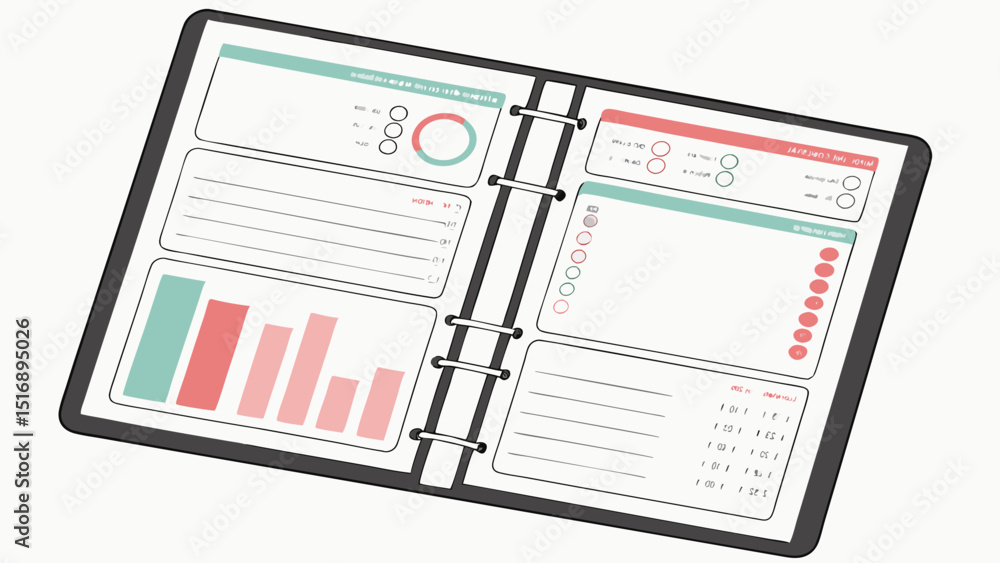 Poster open planner displaying charts, checklists, and lined sections for notes and task management visuall