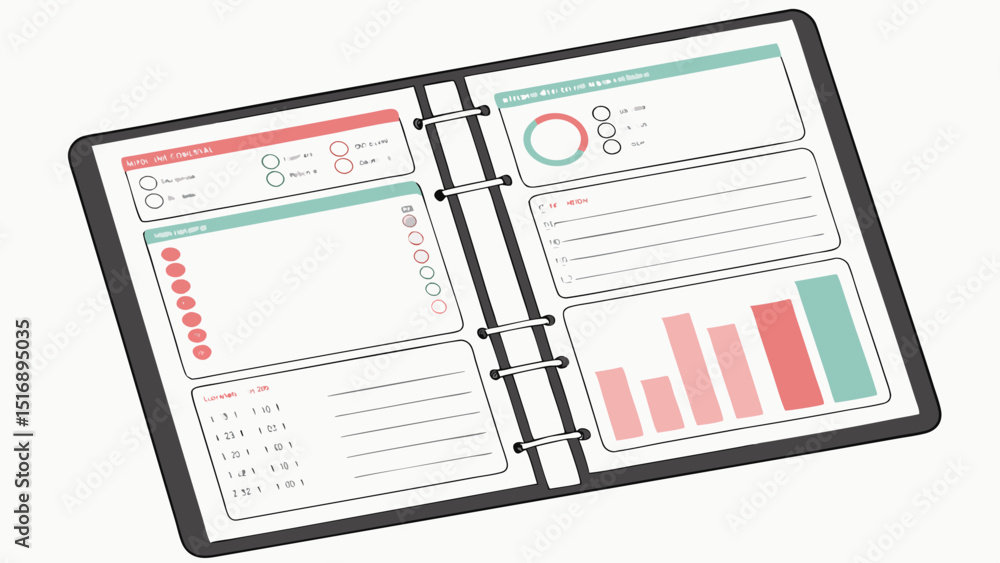 Poster illustration of an open binder with charts, graphs, and checklists for planning and organization tas