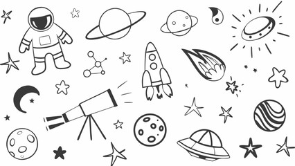 Illustration of space elements including astronaut planets rocket and telescope in black and white
