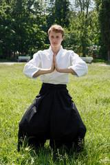 Close up Portrait of young Taekwondo man exercise