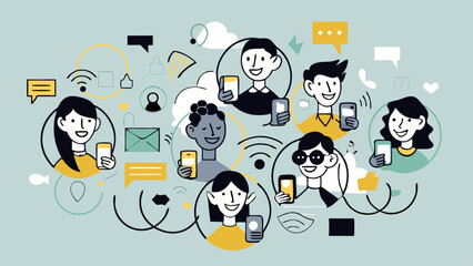 Illustration of diverse people using smartphones surrounded by communication and social media icons elements