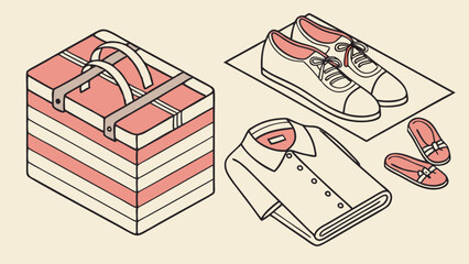Isometric view of a striped suitcase, folded shirt, sneakers, and sandals on a light background
