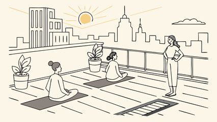 Yoga class on a rooftop with cityscape background and instructor guiding the meditation session outdoors