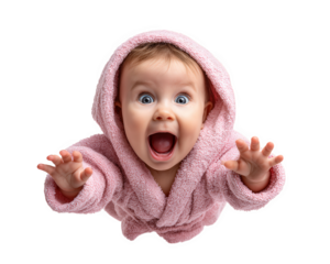 Joyful baby wearing pink robe is reaching out with excitement, showcasing playful expression. image captures innocence and happiness of childhood, making it perfect for various themes