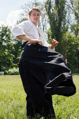 Close up Portrait of young Taekwondo man exercise