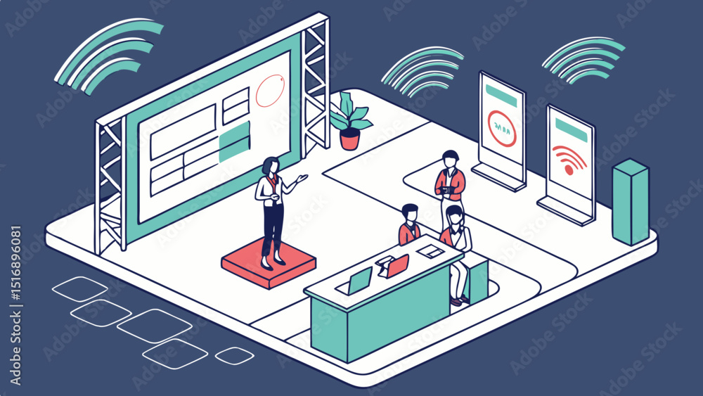 Poster isometric view of a trade show booth with presenter and attendees at a conference event space