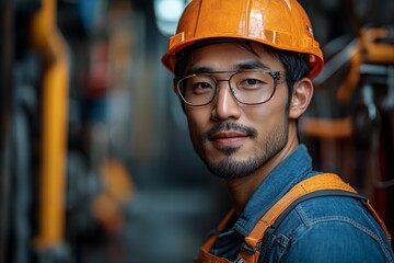 Industrial asian worker portrait manufacturing plant photography urban environment close-up view professional concept with copy space