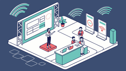Isometric view of a trade show booth with presenter and attendees at a conference event space