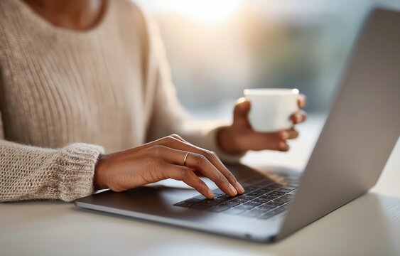 Person enjoys peaceful work-from-home setup with coffee and laptop in bright, minimalistic workspace
