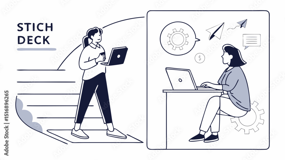Poster two women working with laptops in different environments with icons and stich deck text