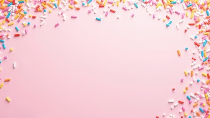 trendy pattern of colorful sprinkles for background of design banner, poster, flyer, card, postcard, cover, brochure over pink