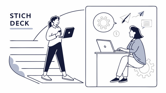 Two women working with laptops in different environments with icons and stich deck text