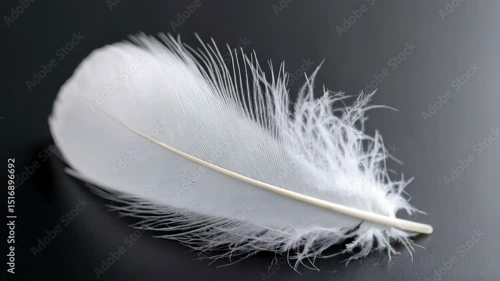 Poster single delicate white feather resting softly on a dark surface in a minimalistic composition, highli