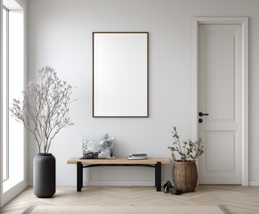 Minimalist blank canvas frame on a clean wall. Perfect mockup for artwork, poster designs, interior scenes, or product presentation.