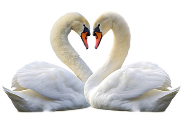 Obraz premium Two swans forming a heart shape isolated on a white background